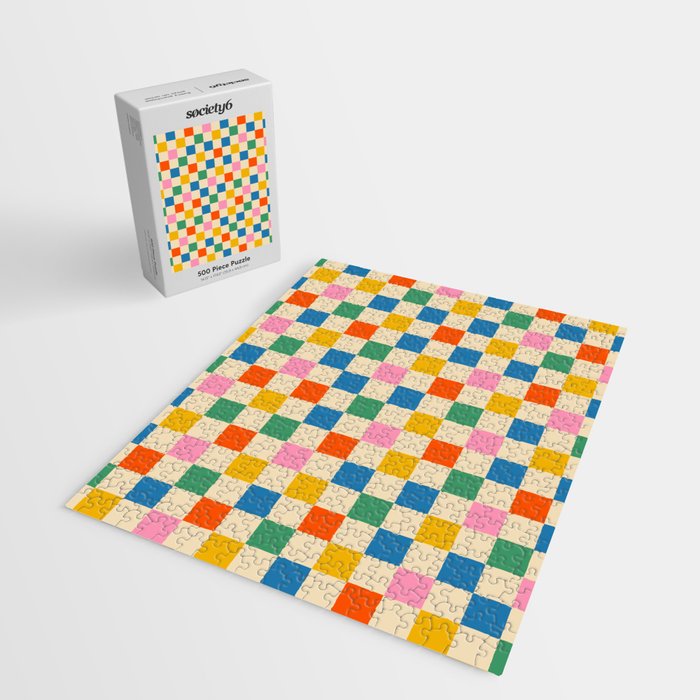 Checkerboard Check Colorful Geometric Checked Pattern Blue Green Pink Mustard Orange Cream Jigsaw Puzzle Gallery Image 2
