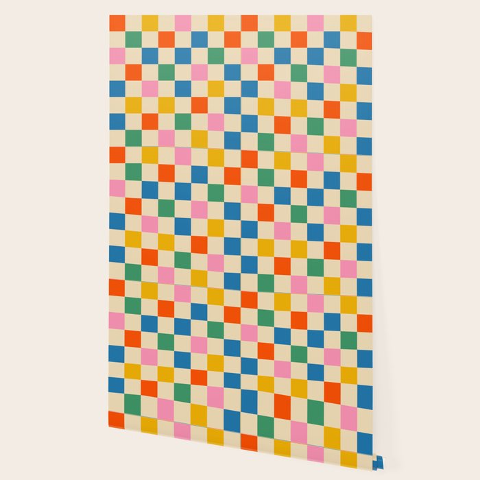 Checkerboard Check Colorful Geometric Checked Pattern Blue Green Pink Mustard Orange Cream Wallpaper Gallery Image 2