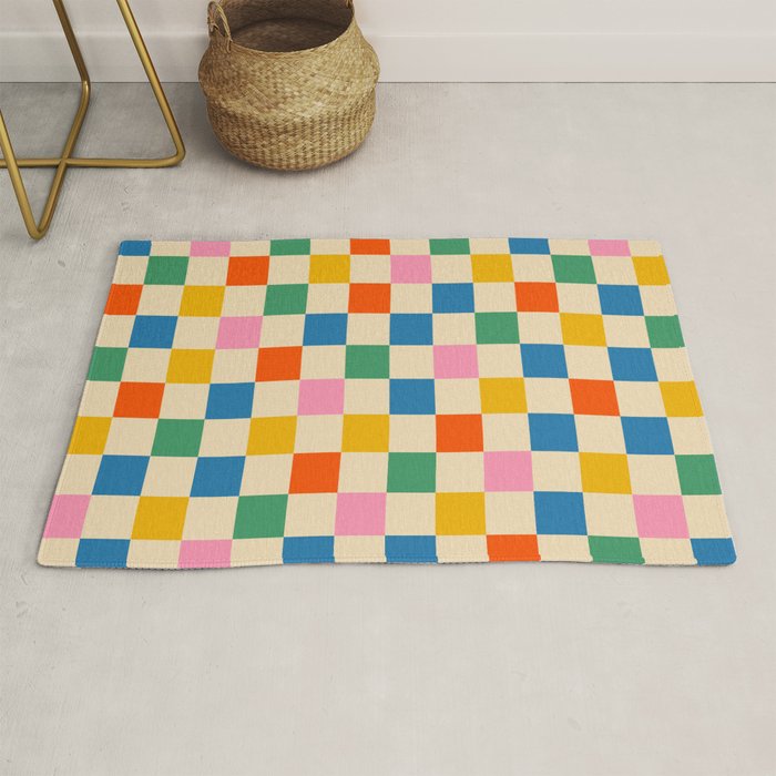 Checkerboard Check Colorful Geometric Checked Pattern Blue Green Pink Mustard Orange Cream Rug Gallery Image 1