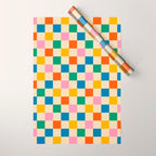Checkerboard Check Colorful Geometric Checked Pattern Blue Green Pink Mustard Orange Cream Wrapping Paper Gallery Image 1