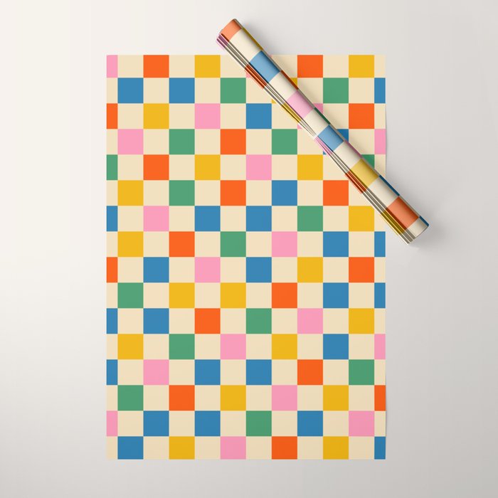 Checkerboard Check Colorful Geometric Checked Pattern Blue Green Pink Mustard Orange Cream Wrapping Paper Gallery Image 1