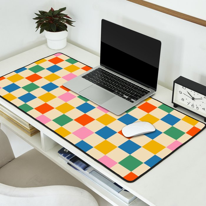 Checkerboard Check Colorful Geometric Checked Pattern Blue Green Pink Mustard Orange Cream Desk Mat Gallery Image 2