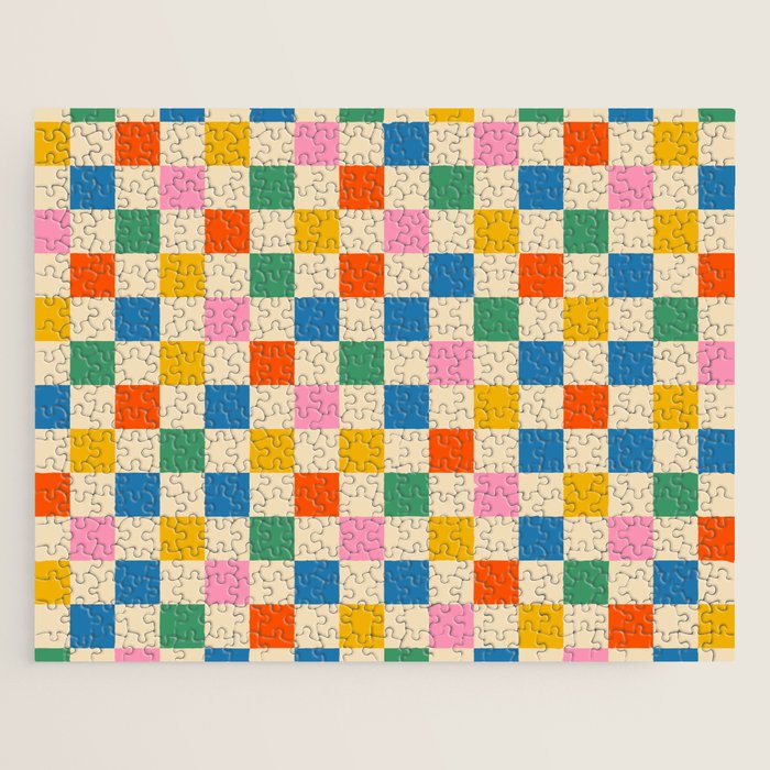 Checkerboard Check Colorful Geometric Checked Pattern Blue Green Pink Mustard Orange Cream Jigsaw Puzzle Gallery Image 1