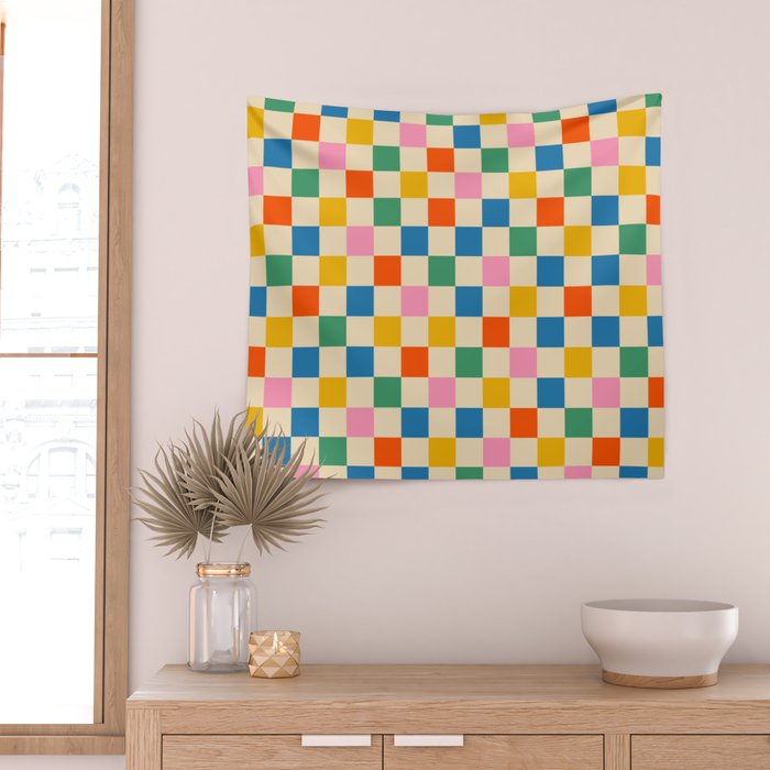 Checkerboard Check Colorful Geometric Checked Pattern Blue Green Pink Mustard Orange Cream Wall Tapestry Gallery Image 2