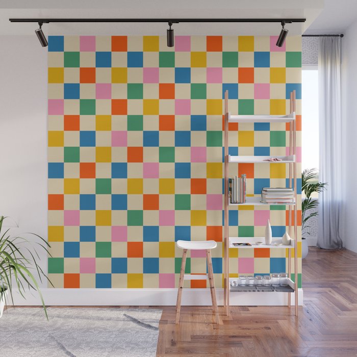 Checkerboard Check Colorful Geometric Checked Pattern Blue Green Pink Mustard Orange Cream Wall Mural Gallery Image 1