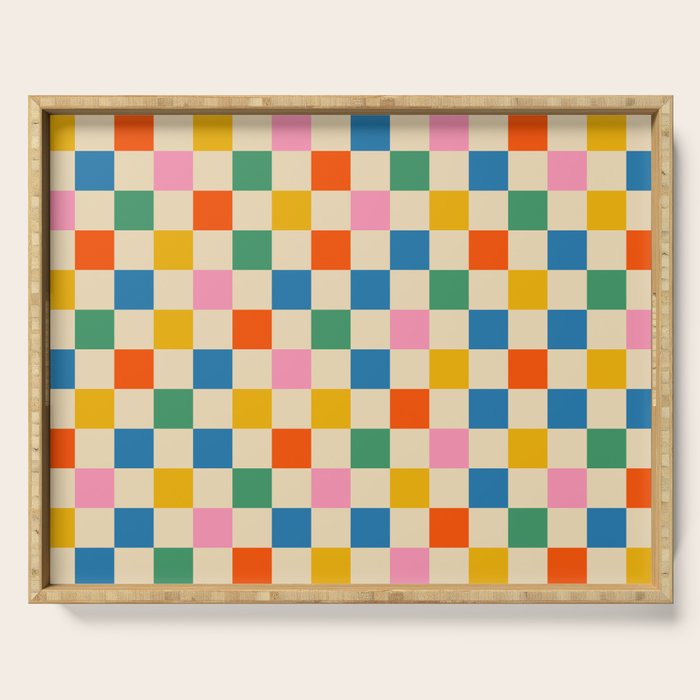 Checkerboard Check Colorful Geometric Checked Pattern Blue Green Pink Mustard Orange Cream Serving Tray Gallery Image 1
