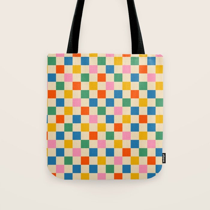 Checkerboard Check Colorful Geometric Checked Pattern Blue Green Pink Mustard Orange Cream Tote Bag Gallery Image 1