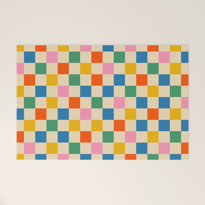 Checkerboard Check Colorful Geometric Checked Pattern Blue Green Pink Mustard Orange Cream Welcome Mat Gallery Image 1