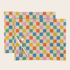Checkerboard Check Colorful Geometric Checked Pattern Blue Green Pink Mustard Orange Cream Placemat Gallery Image 1