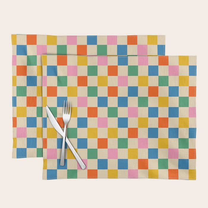 Checkerboard Check Colorful Geometric Checked Pattern Blue Green Pink Mustard Orange Cream Placemat Gallery Image 1