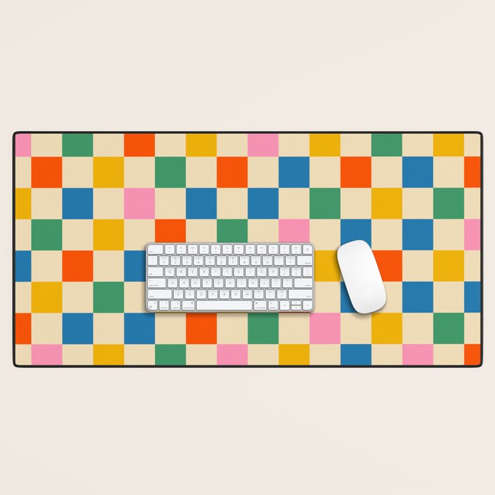 Checkerboard Check Colorful Geometric Checked Pattern Blue Green Pink Mustard Orange Cream Desk Mat Gallery Image 1