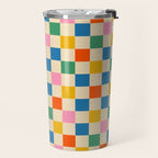 Checkerboard Check Colorful Geometric Checked Pattern Blue Green Pink Mustard Orange Cream Travel Mug Gallery Image 2