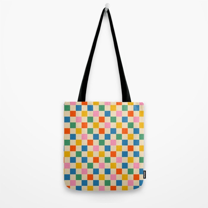 Checkerboard Check Colorful Geometric Checked Pattern Blue Green Pink Mustard Orange Cream Tote Bag Gallery Image 2