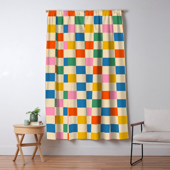 Checkerboard Check Colorful Geometric Checked Pattern Blue Green Pink Mustard Orange Cream Window Curtain Gallery Image 5