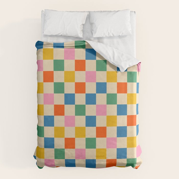 Checkerboard Check Colorful Geometric Checked Pattern Blue Green Pink Mustard Orange Cream Duvet Cover Gallery Image 6