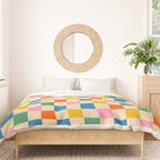 Checkerboard Check Colorful Geometric Checked Pattern Blue Green Pink Mustard Orange Cream Duvet Cover Gallery Image 3