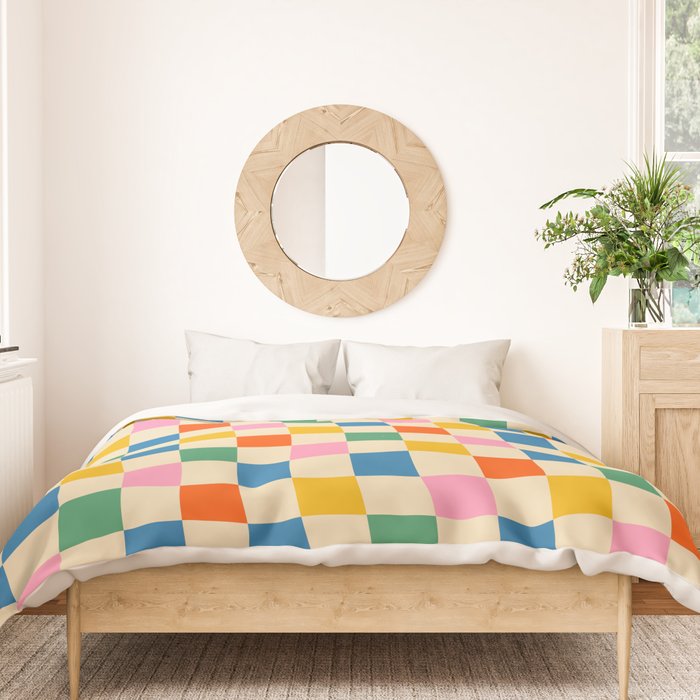 Checkerboard Check Colorful Geometric Checked Pattern Blue Green Pink Mustard Orange Cream Duvet Cover Gallery Image 3