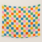 Checkerboard Check Colorful Geometric Checked Pattern Blue Green Pink Mustard Orange Cream Wall Tapestry Gallery Image 4