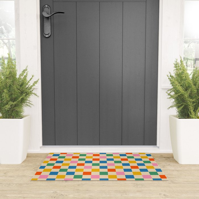Checkerboard Check Colorful Geometric Checked Pattern Blue Green Pink Mustard Orange Cream Welcome Mat Gallery Image 3