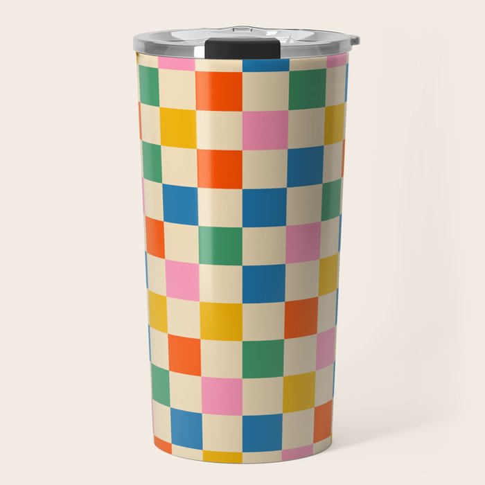 Checkerboard Check Colorful Geometric Checked Pattern Blue Green Pink Mustard Orange Cream Travel Mug Gallery Image 1