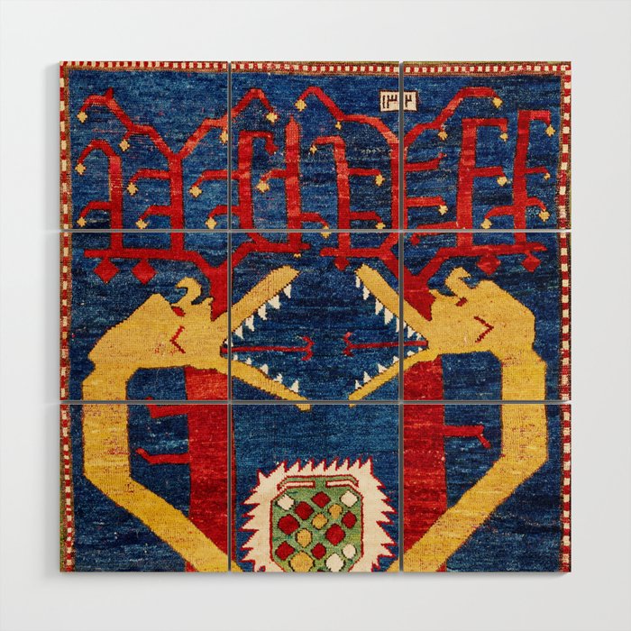 Kazak Southwest Caucasus Antique Rug Print With Snakes Wood Wall Art Gallery Image 1