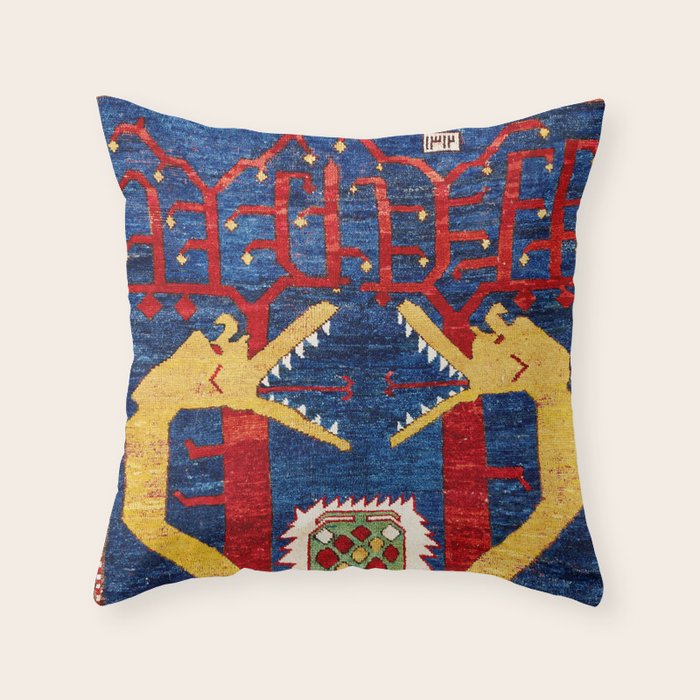 Kazak Southwest Caucasus Antique Rug Print With Snakes Throw Pillow Gallery Image 6