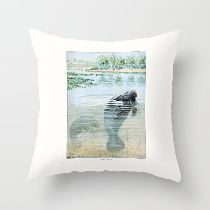 Vintage Florida Manatee Throw Pillow Gallery Image 1