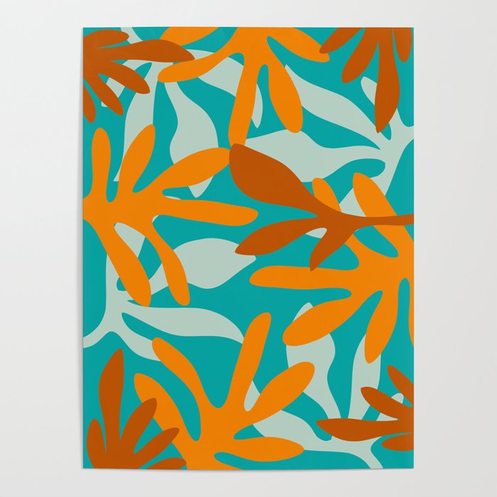 Seychelles Garden Botanical Abstract in Rust, Orange, Aqua, and Turquoise Poster Gallery Image 1