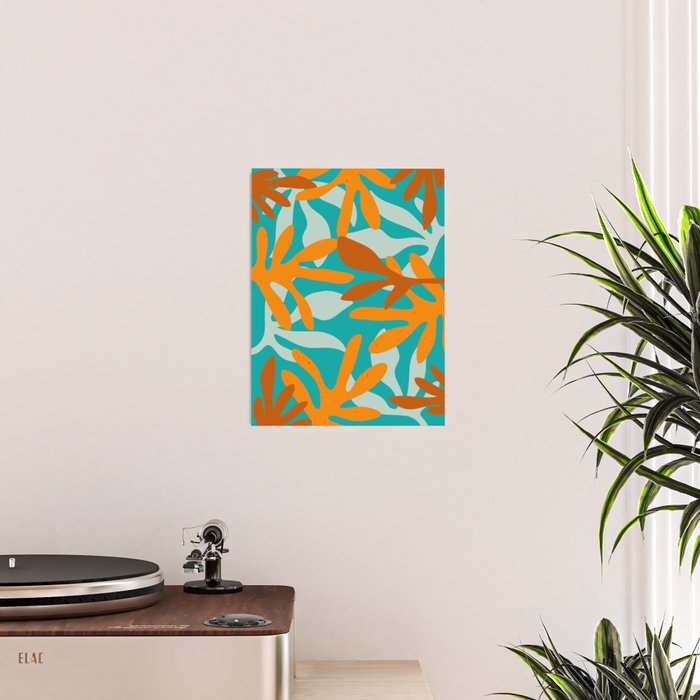 Seychelles Garden Botanical Abstract in Rust, Orange, Aqua, and Turquoise Poster Gallery Image 2