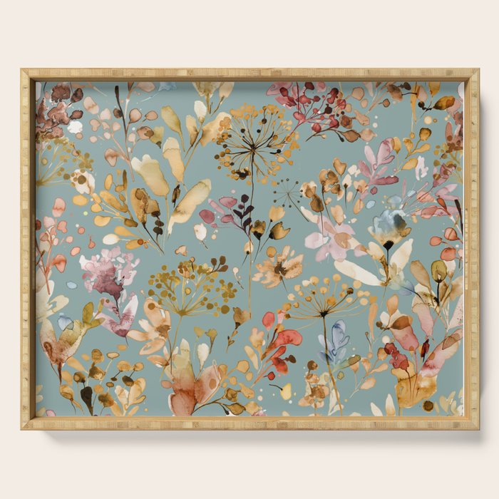 Wild Grasses Botanical Gold Teal Serving Tray Gallery Image 1