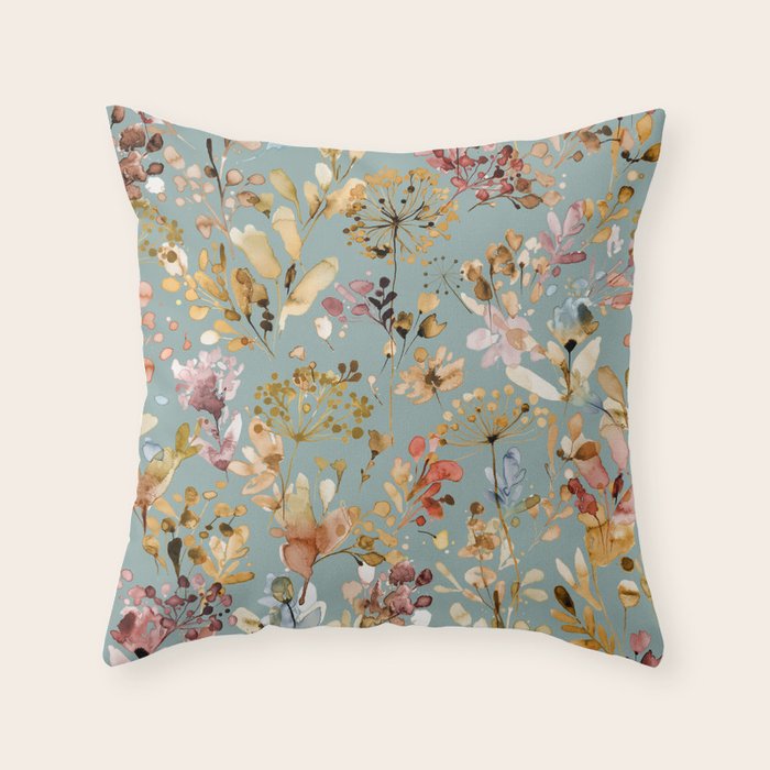 Wild Grasses Botanical Gold Teal Throw Pillow Gallery Image 6