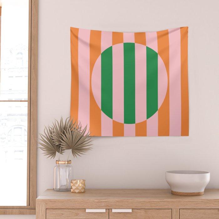 Striped Circle Bold Geometric Orange Pink Green Wall Tapestry Gallery Image 2