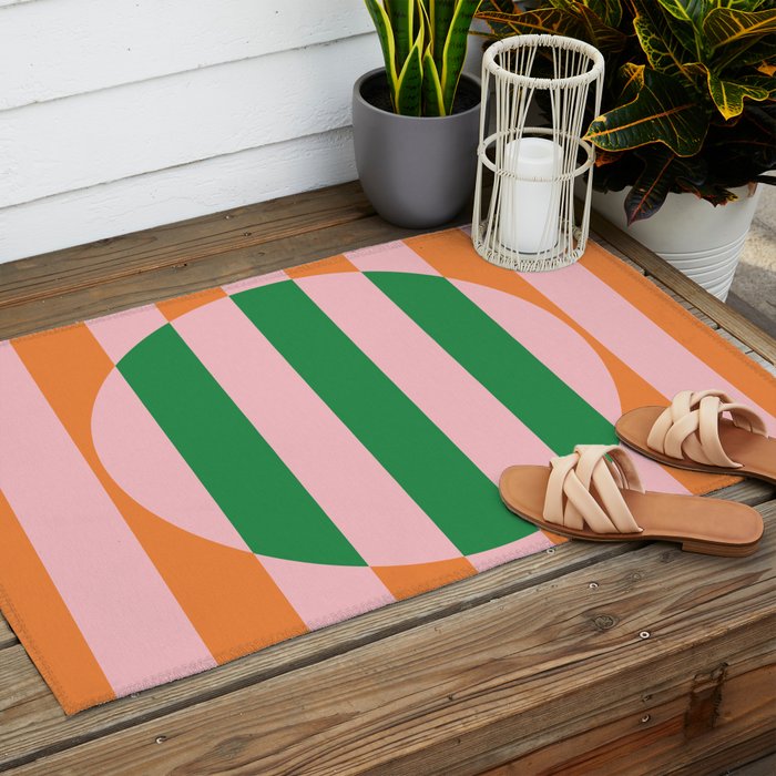Striped Circle Bold Geometric Orange Pink Green Outdoor Rug Gallery Image 2
