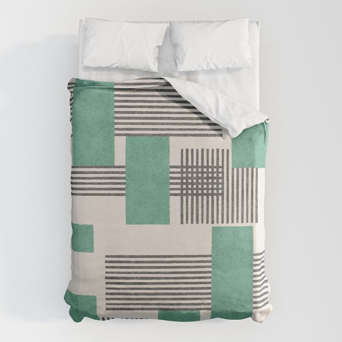 Stripes and Square Green Composition - Abstract Duvet Cover Gallery Image 1
