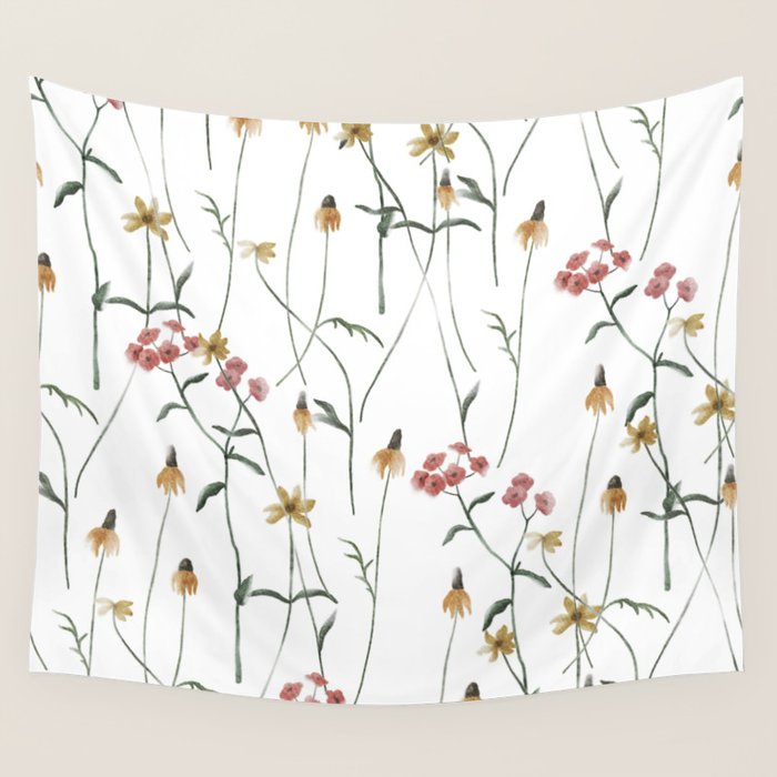 Delicate Wildflowers Floral Watercolor Wall Tapestry Gallery Image 1