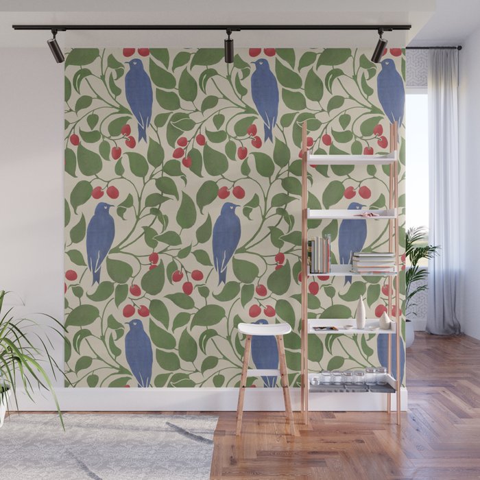 Vintage Blue Birds And Cherries Wall Mural Gallery Image 1