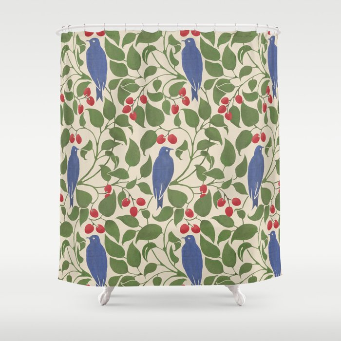 Vintage Blue Birds And Cherries Shower Curtain Gallery Image 1