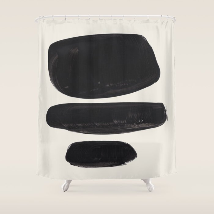 Mid Century Modern Minimalist Abstract Art Brush Strokes Black & White Ink Art Tribal Pebbles Shower Curtain Gallery Image 1