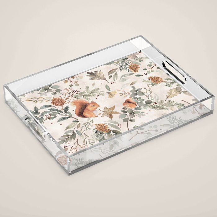 Harvest 2025 Woodland Squirrel Botanical Leaves Watercolor Ecru Acrylic Tray Gallery Image 1