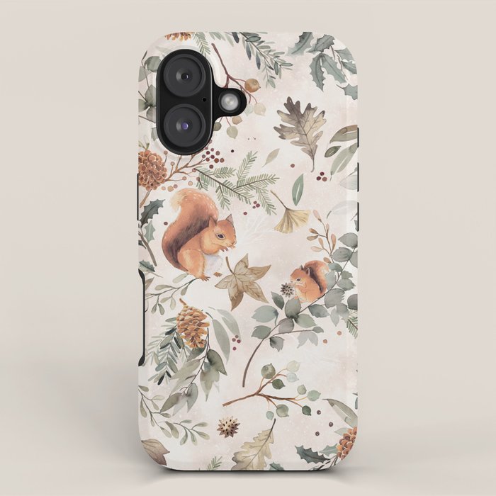 Harvest 2025 Woodland Squirrel Botanical Leaves Watercolor Ecru iPhone Case Gallery Image 1