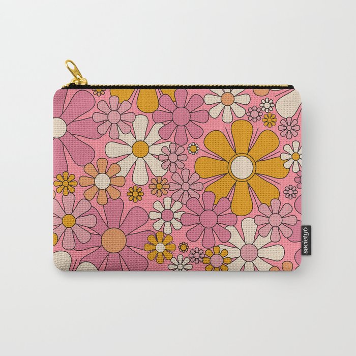 Groovy Retro Garden Flowers 60s 70s Floral Pattern Pink and Ochre  Carry All Pouch Gallery Image 1