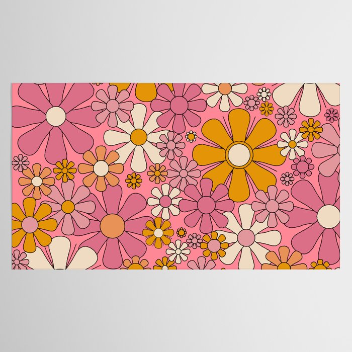 Groovy Retro Garden Flowers 60s 70s Floral Pattern Pink and Ochre  Tablecloth Gallery Image 2