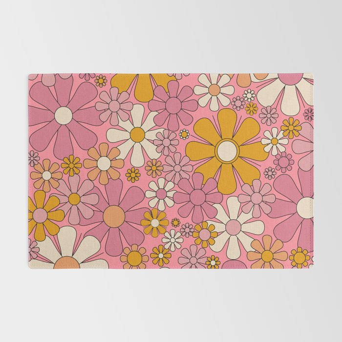 Groovy Retro Garden Flowers 60s 70s Floral Pattern Pink and Ochre  Rug Gallery Image 2