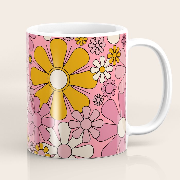 Groovy Retro Garden Flowers 60s 70s Floral Pattern Pink and Ochre  Coffee Mug Gallery Image 1