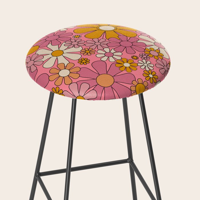 Groovy Retro Garden Flowers 60s 70s Floral Pattern Pink and Ochre  Stool Gallery Image 2
