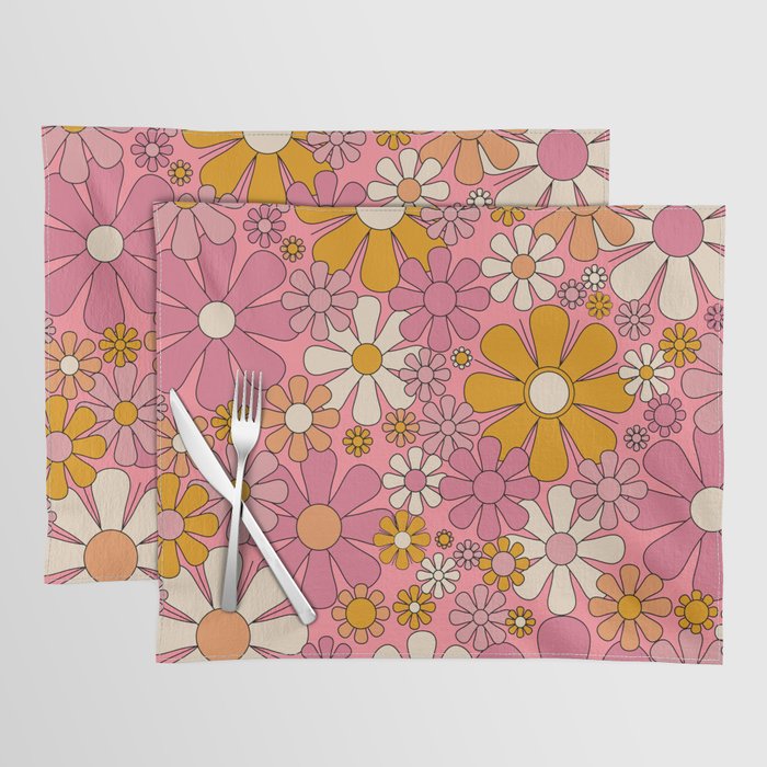 Groovy Retro Garden Flowers 60s 70s Floral Pattern Pink and Ochre  Placemat Gallery Image 1