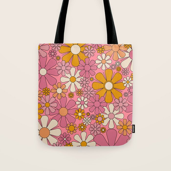 Groovy Retro Garden Flowers 60s 70s Floral Pattern Pink and Ochre  Tote Bag Gallery Image 1