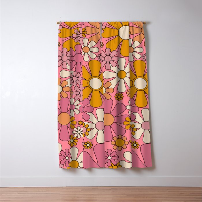 Groovy Retro Garden Flowers 60s 70s Floral Pattern Pink and Ochre  Window Curtain Gallery Image 3