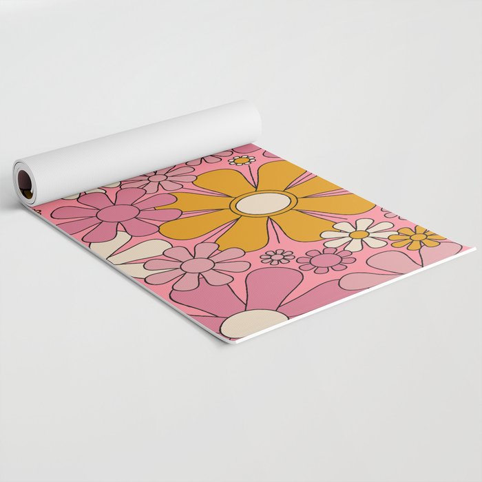 Groovy Retro Garden Flowers 60s 70s Floral Pattern Pink and Ochre  Yoga Mat Gallery Image 2