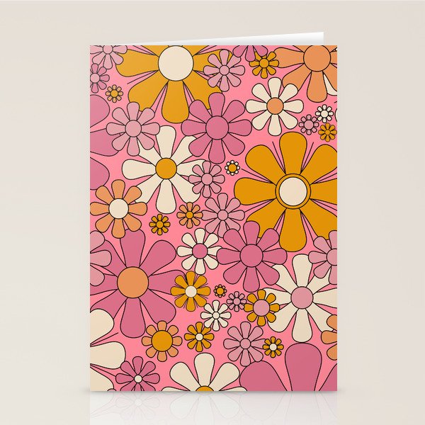 Groovy Retro Garden Flowers 60s 70s Floral Pattern Pink and Ochre  Stationery Card Gallery Image 2
